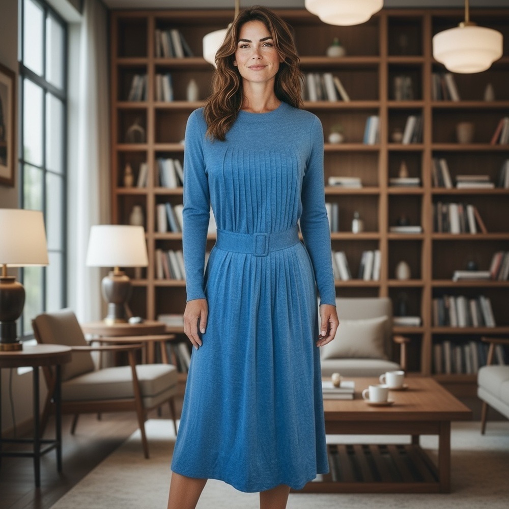 Vintage 80’s Blue Waist Belt Long Sleeve Midi Secretary Dress